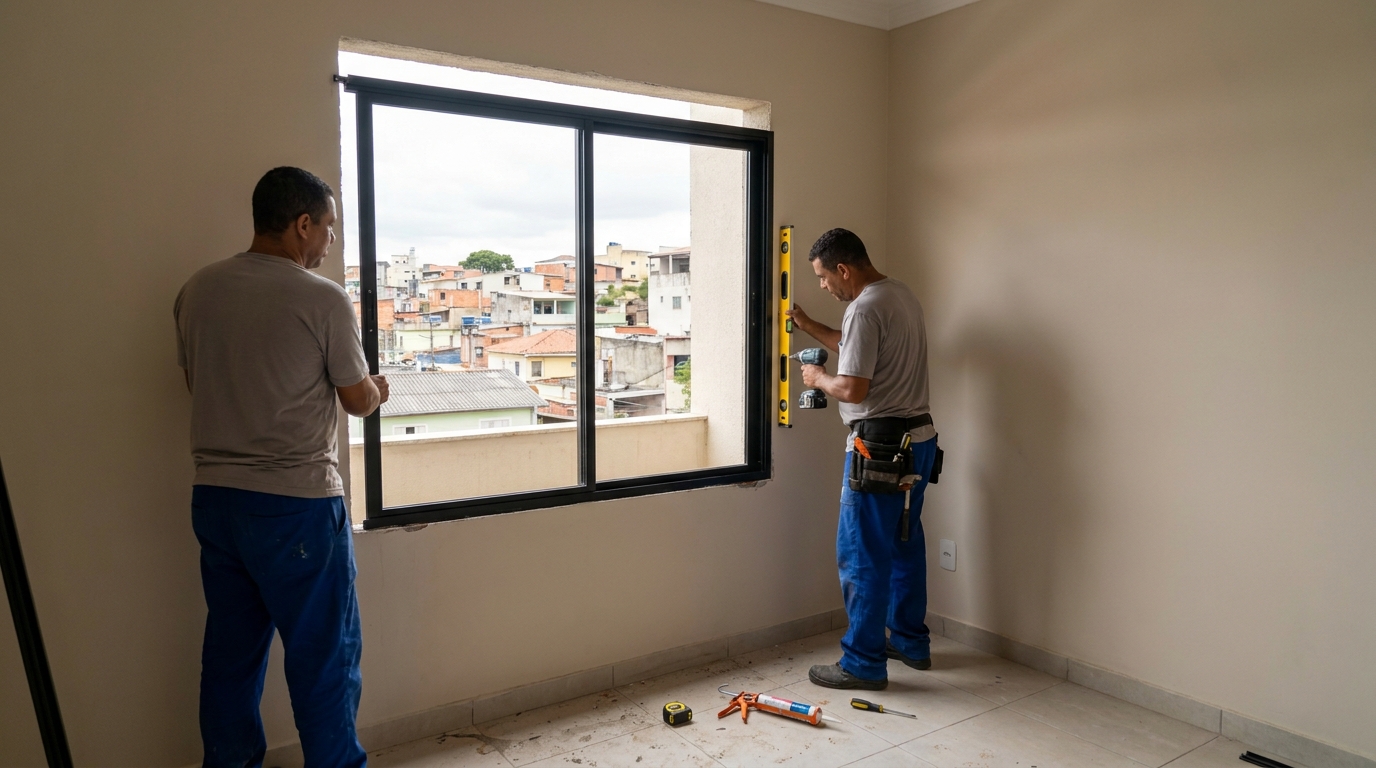 Esquadria de alumínio em quarto bege em Ipatinga-MG