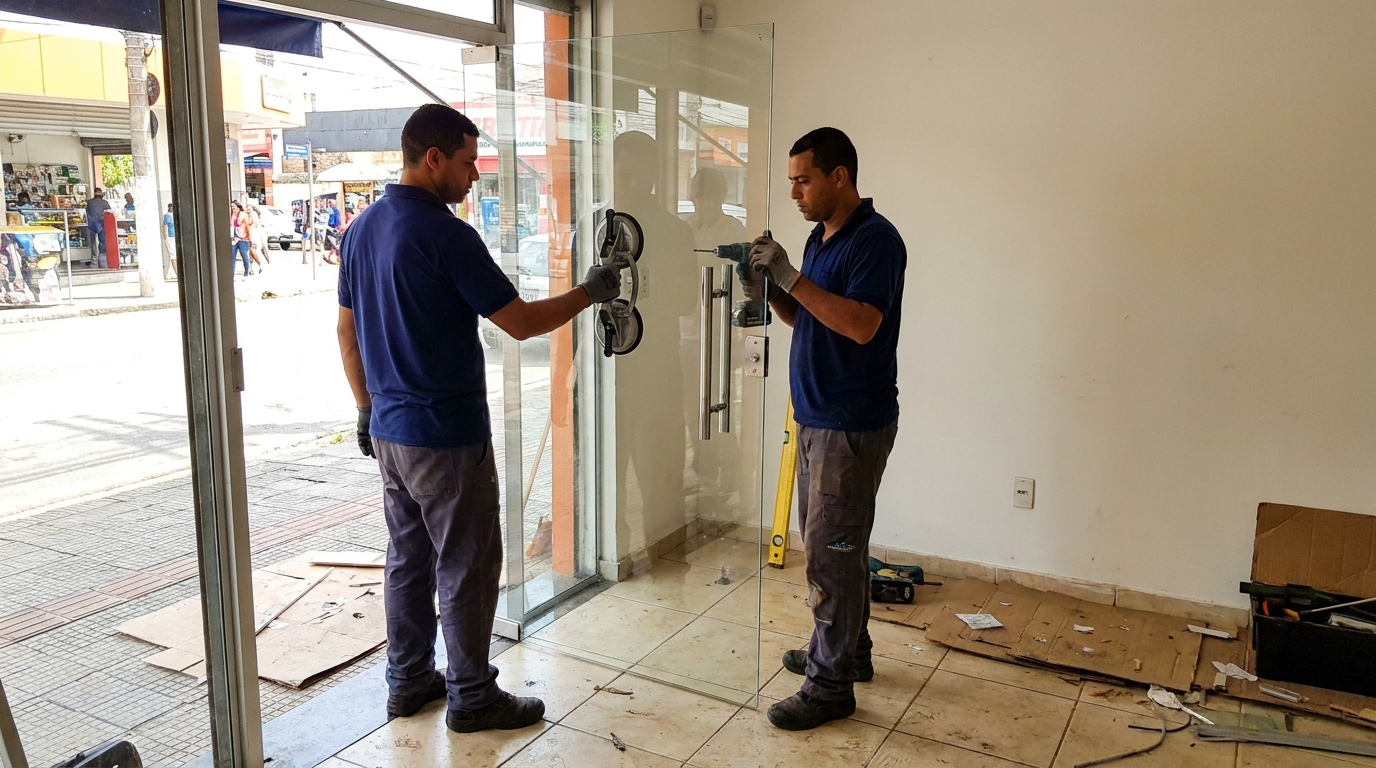 Porta de vidro de loja em rua movimentada em Ipatinga-MG